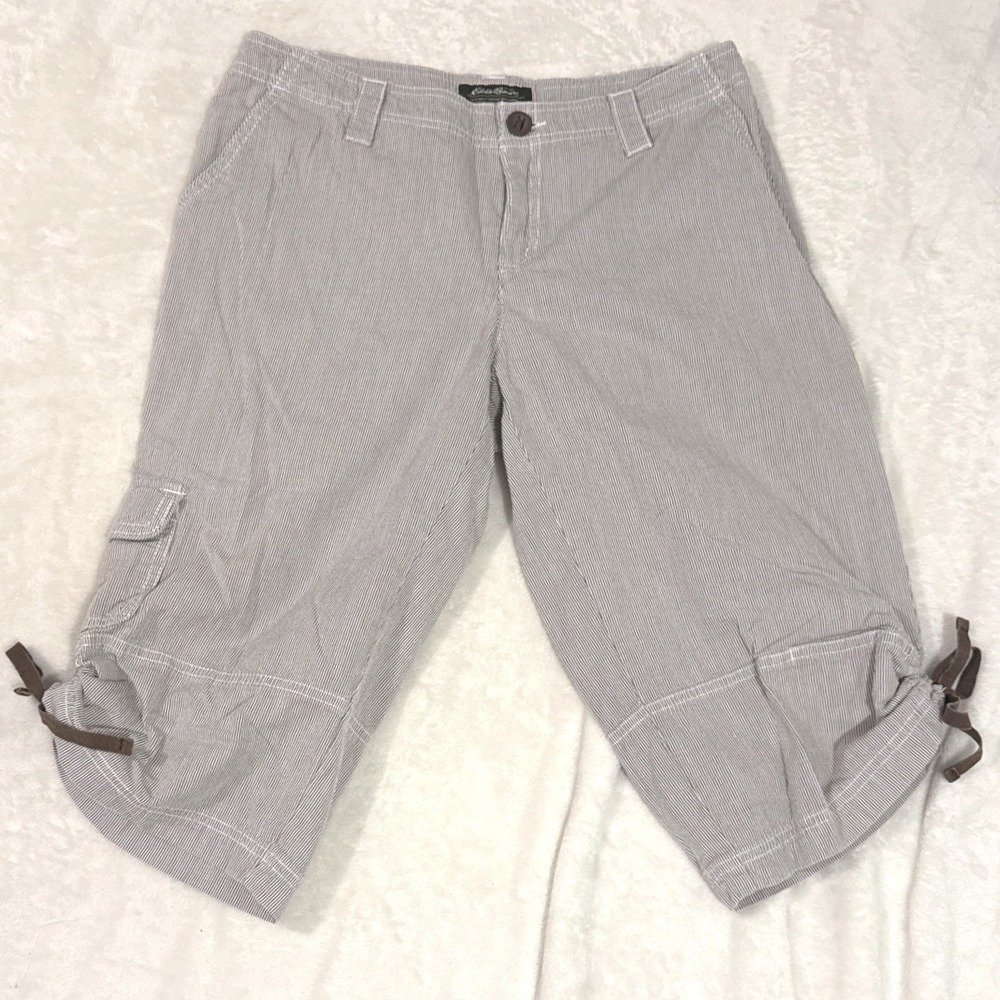 Eddie Bauer Women Capri Pants 6 Grey Striped Seersucker Cargo Tie Hem Cotton